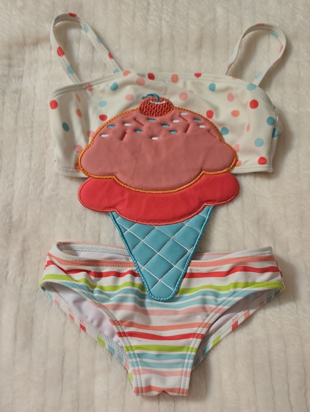 Kids Ice Cream Two-Piece One-Piece Swimsuit - White with Multicolor